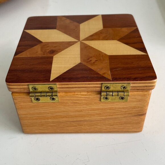 Wooden Jewelry Box Inlay Star Design Hinged Lid Keepsake Quilt Marquetry Vintage - Picture 5 of 9